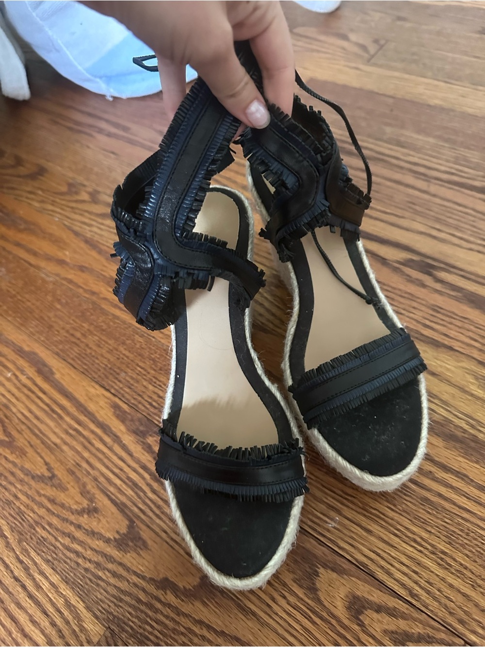 Fringed Black Espadrille Wedge Sandals with Ankle Tie